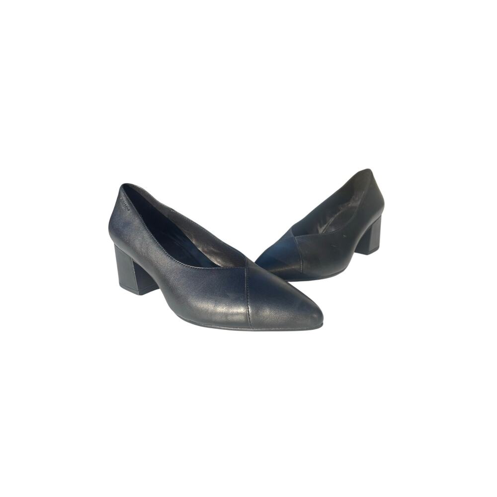 Vagabond Black Leather Almond Toe Chunky Block Heel Pumps 39